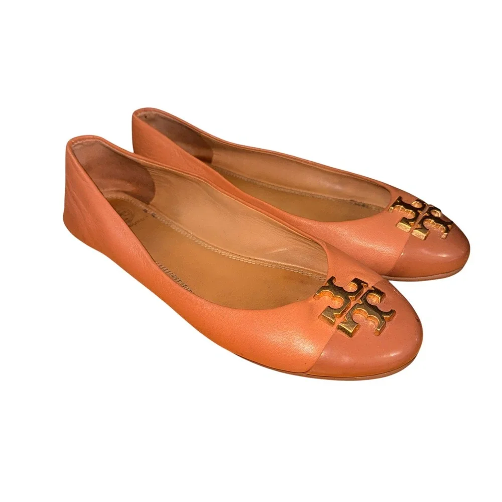 Tory Burch EVERLY Ballet Flats Women 6 Pre-Owned Tan Leather Gold Logo Reva Shoe